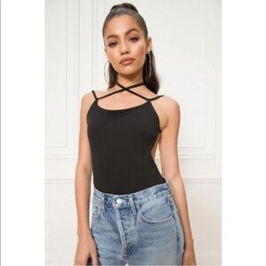 New REVOLVE Superdown Brina Open Back Crossover Ribbed Thong Bodysuit Black